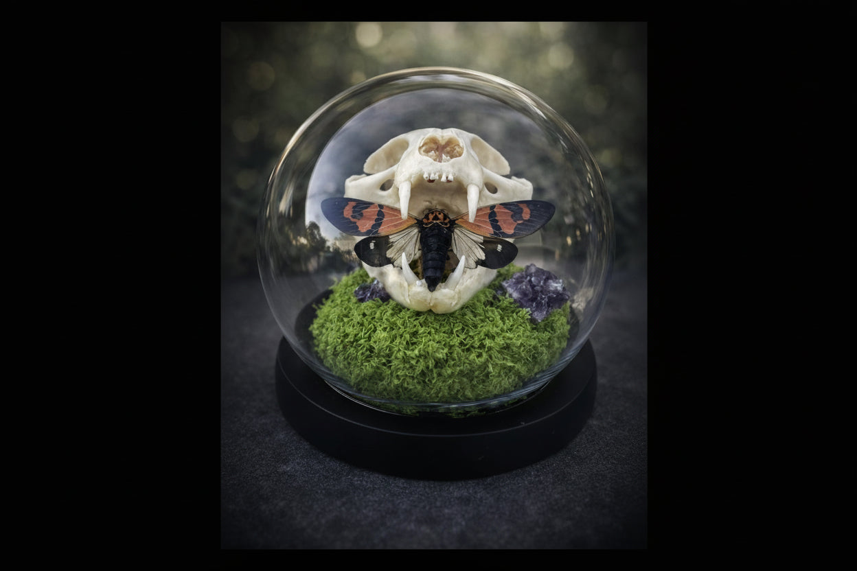 Dried butterfly specimen on a skull with green moss and purple crystals inside a glass dome.